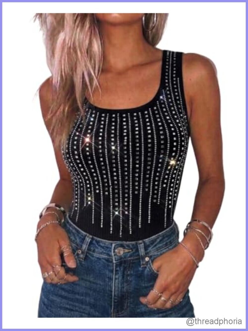 Rhinestone Square Neck Tank Top Slim Fit Sparkly Casual Daily Wear
